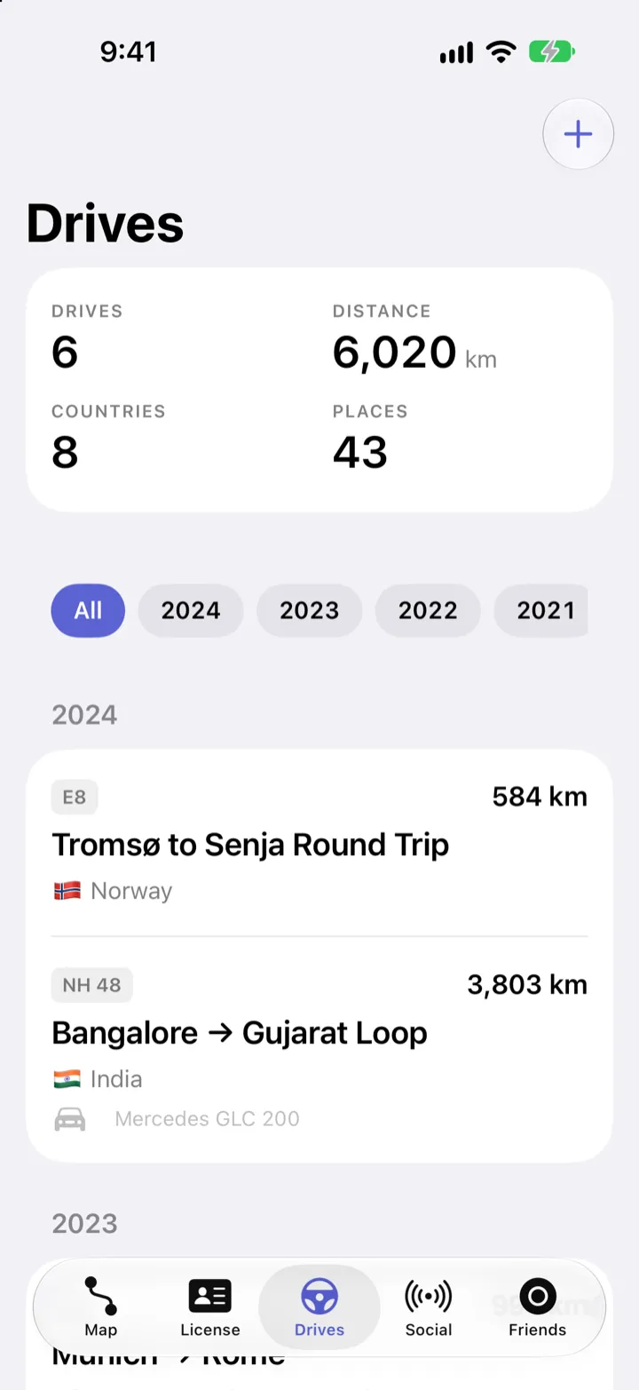 Milestone Drives tab: totals by year and a timeline of drives with distance, country and vehicle