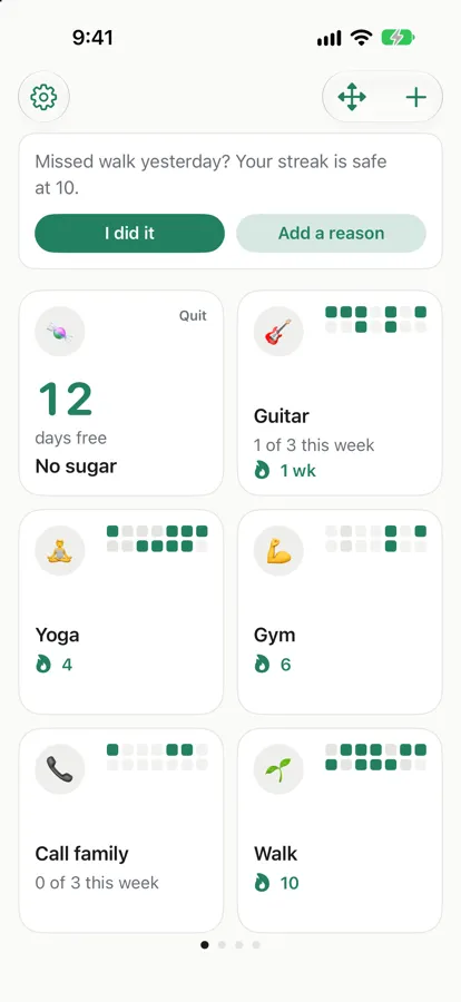 Varas home screen: a grid of habit cards, each with a 14-day heatmap