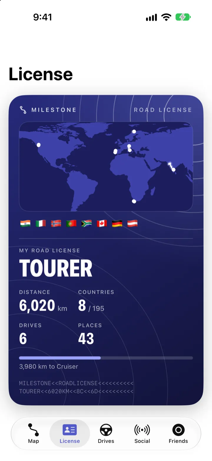 Milestone Road License card: Tourer class, world map with routes, 6,020 km, 8 of 195 countries, 6 drives, 43 places
