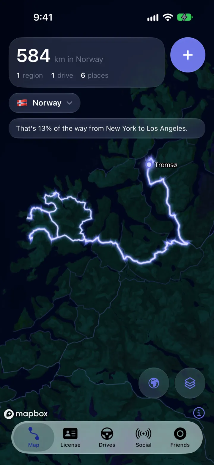 Milestone map: a glowing road trip through the fjords of northern Norway, with 584 km driven