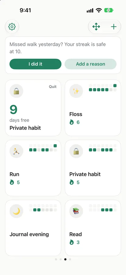 Home screen with two habits shown as locked Private habit cards