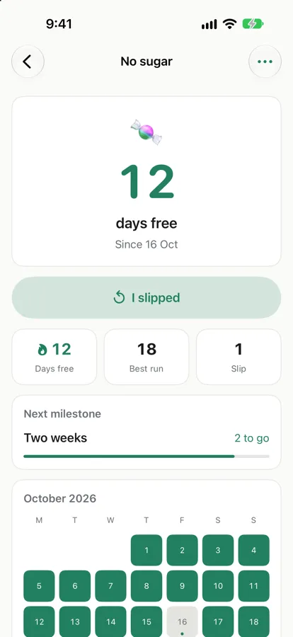 Quit counter showing 12 days free, best run 18 and one slip